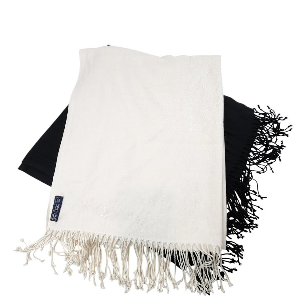 Luxurious Pashmina World Shawls (2) Black White Silk & Cashmere Handmade India